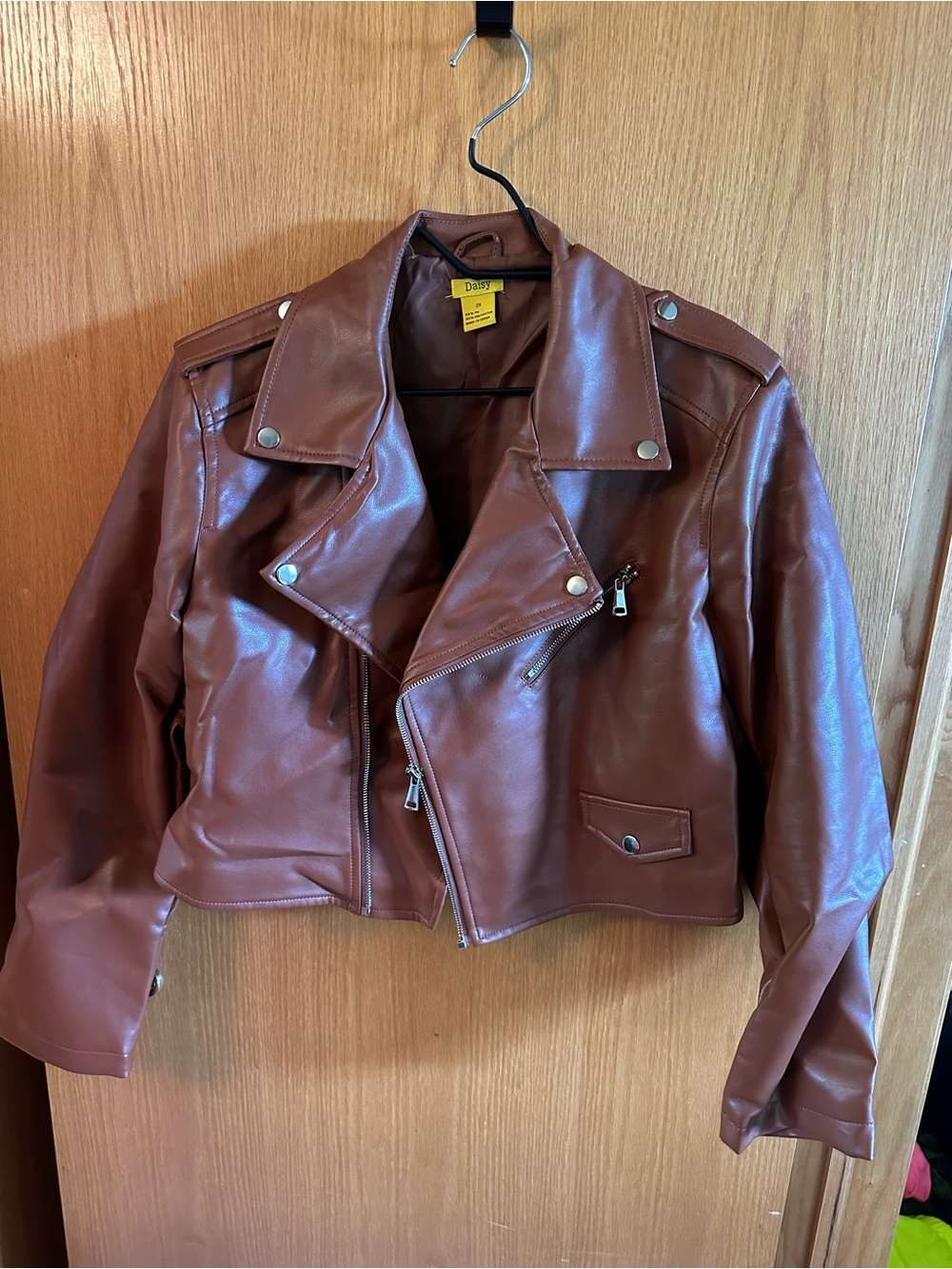 Brown Cropped Faux Leather Moto Jacket